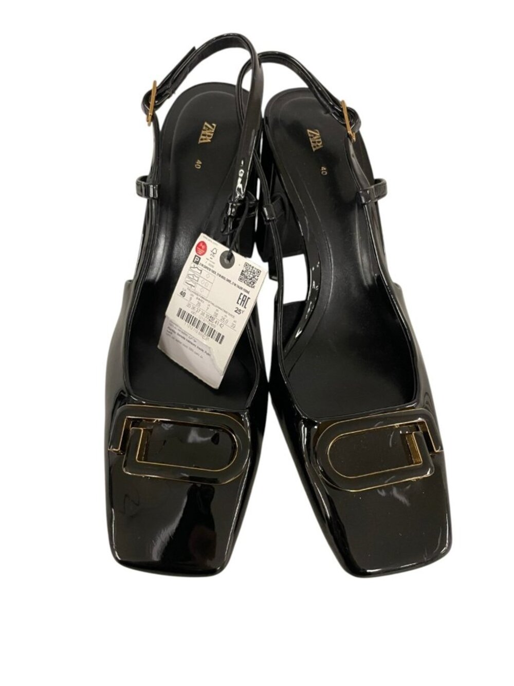 Zara Women Slingbacks Pump Heels EU 40 US 9 Black Patent square toe 1213/110 NWT